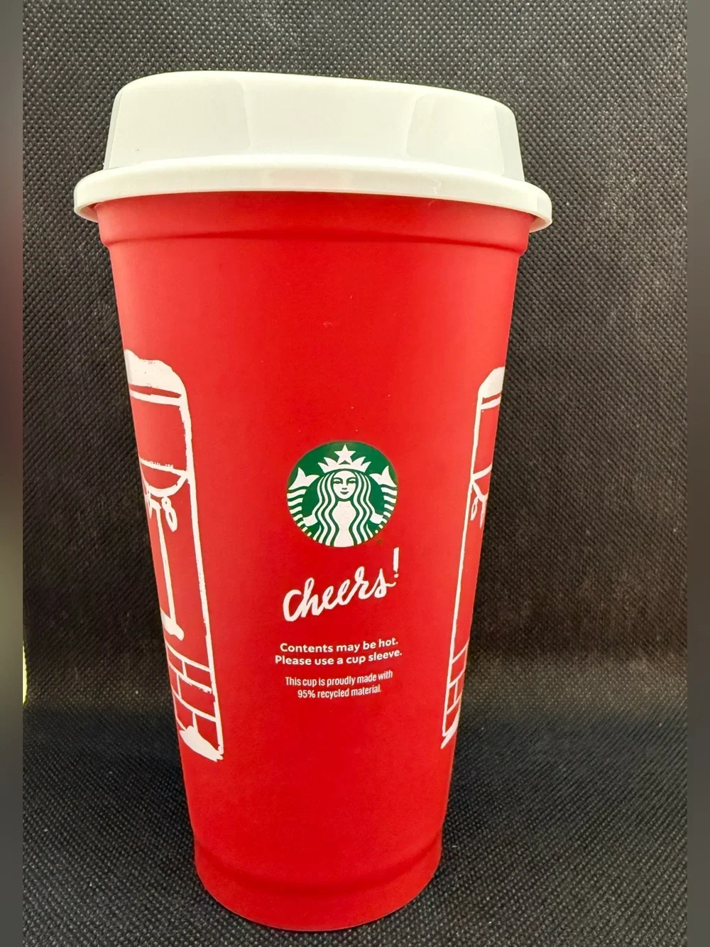Starbucks Red Cup with White Holiday Graphics and White Lid